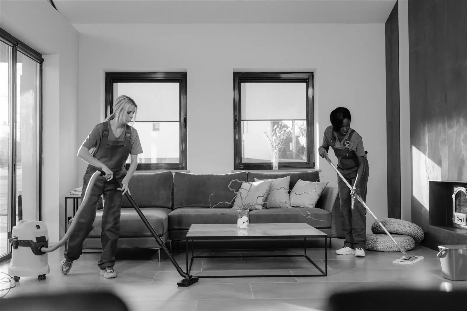 Dos profesionales de limpieza trabajando en el salón de una vivienda